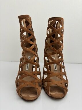 Manolo Blahnik Tan Suede Cage Gladiator Heels